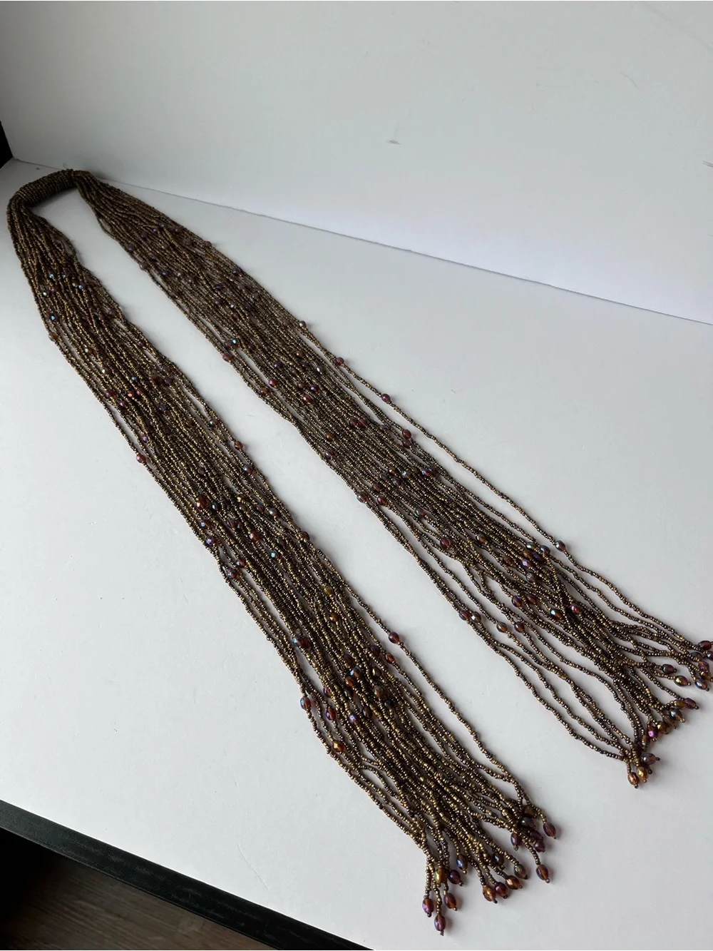 Brown Beaded Long Statement Necklace Tassels Lariat